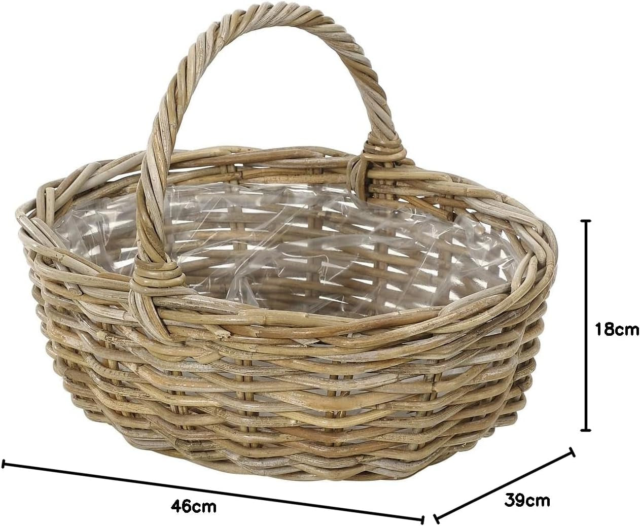 Cesta de flores de ratán Dehner con asa, aprox. 46 x 39 x 18 cm, tejido de ratán, gris/marrón