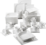 MALACASA, Serie Monica, Vajilla para 12 personas, Porcelana blanco-crema, Servicio combinado con 12 tazas de café, 12 platillos, 12 platos de postre, 12 platos llanos y 12 platos llanos