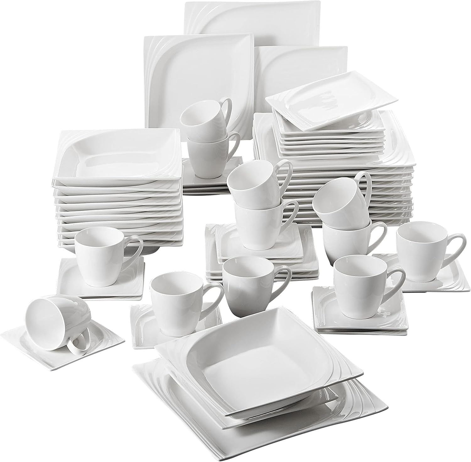 MALACASA, Serie Monica, Vajilla para 12 personas, Porcelana blanco-crema, Servicio combinado con 12 tazas de café, 12 platillos, 12 platos de postre, 12 platos llanos y 12 platos llanos