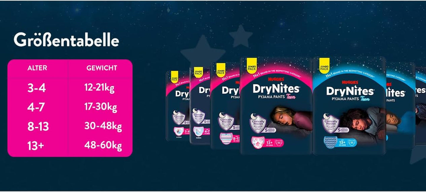 Huggies DryNites Pañales nocturnos súper absorbentes para niñas de 3 a 4 años (12 a 21 kg), paquete de bragas mensuales de 4 x 16 unidades (64 unidades en total)