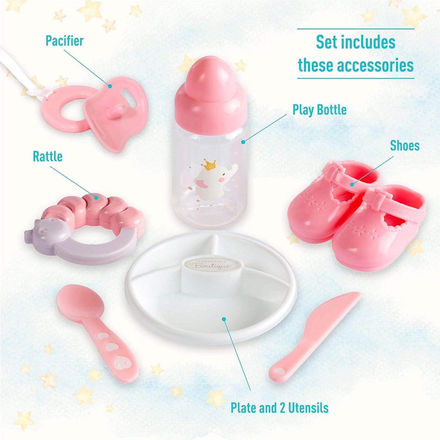 JC Toys - Berenguer Boutique Muñeca Suave y Realista de 38 cm con Boca Abierta/Cerrada, Set de Regalo de 10 Piezas, Biberón, Sonajero, Chupete y Accesorios, Rosa, Edad 2+