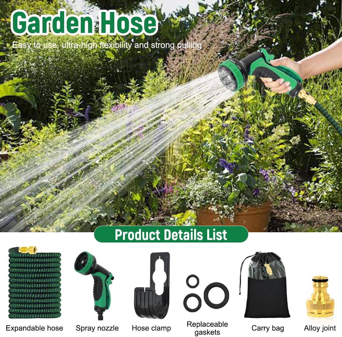 Manguera de jardín flexible verde de 30 m/100 pies con boquilla rociadora y conectores de latón de 3/4" y 1/2" 10 funciones Manguera de agua extensible de 3 pliegues sin torceduras para piso de jardín Patio Coche