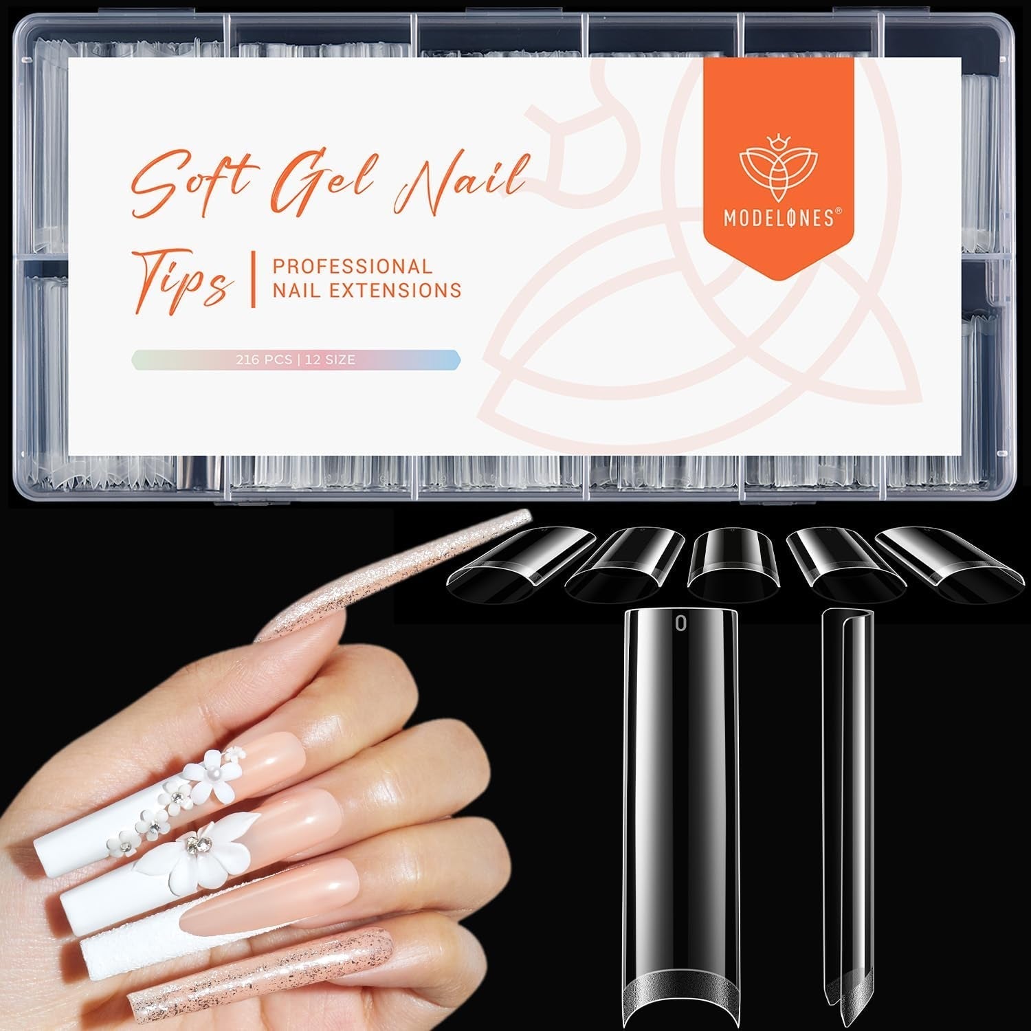 Modelones Puntas de Uñas 216 Piezas - Juego de Puntas de Uñas de Cobertura Completa, Juego de Puntas de Gel Suave, Puntas de Uñas de Resina PMMA Prepulido, Pegamento DIY en Uñas Artificiales, Almendras Cortas XS