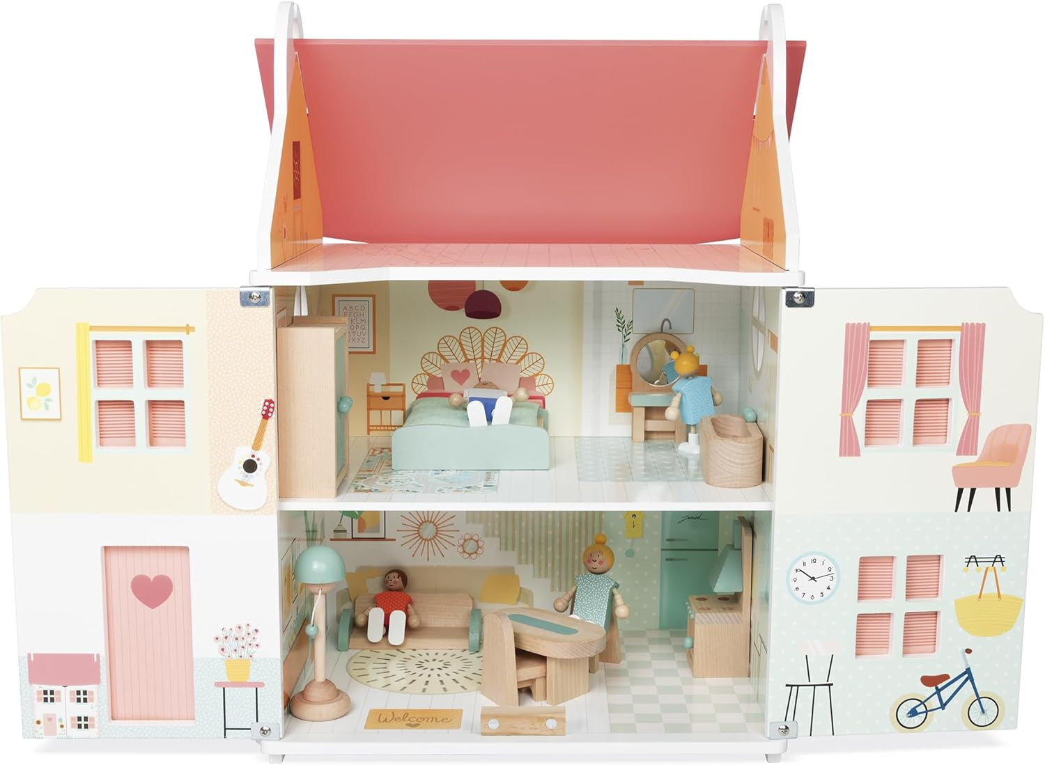 Janod - Mi primera casa de muñecas de madera - 10 accesorios - Muebles para muñecas - Puertas magnéticas y techo desmontable - Juguete de madera certificado FSC - A partir de 3 años