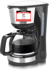 Emerio CME-122933, Cafetera de filtro, 1,25L para hasta 10 tazas de café recién hecho, filtro extraíble permanente, función antigoteo, jarra de cristal, apagado automático, 1000 vatios, negro/plateado
