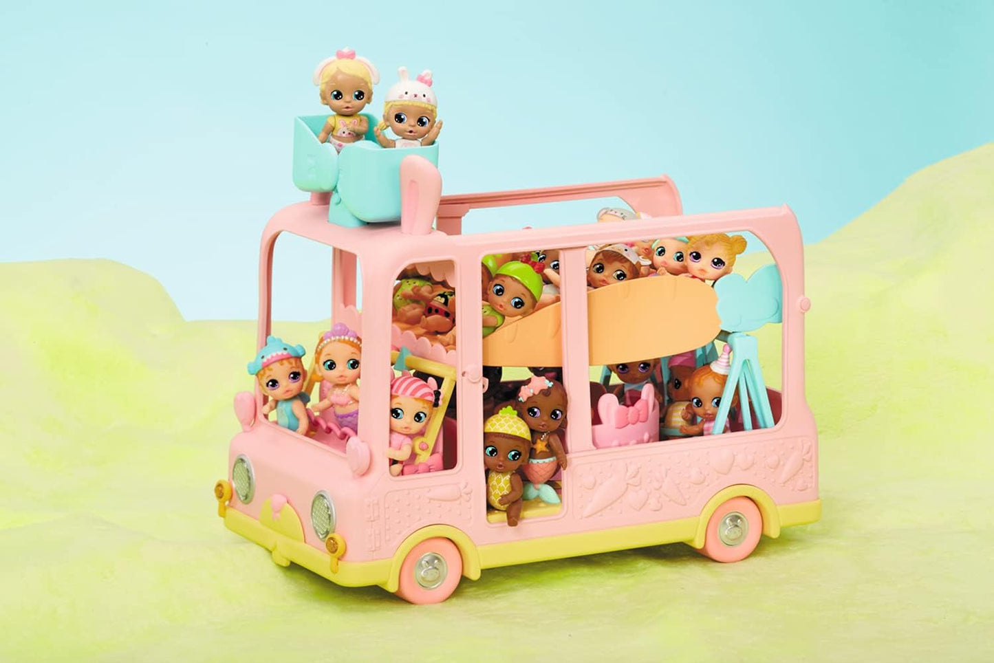 BABY born 904763 Baby Surprise Bus: minibús de juguete rosa con 2 muñecas exclusivas, cochecito triple, columpio, carrusel, tobogán y columpio triple.