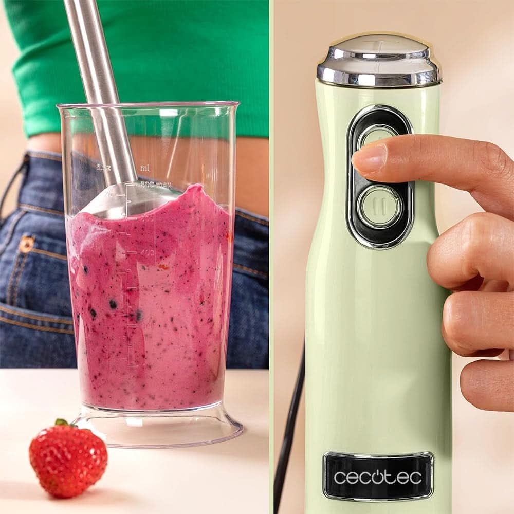 Cecotec Stabmixer Power Retrogreen 1200MAX Cream&Crush, Maximalleistung 1200 W, Tecnología Crossblades, 2 velocidades, Zubehörset Spülmaschinenfest, Spritzschutzhaube Kitchen Naty Shop