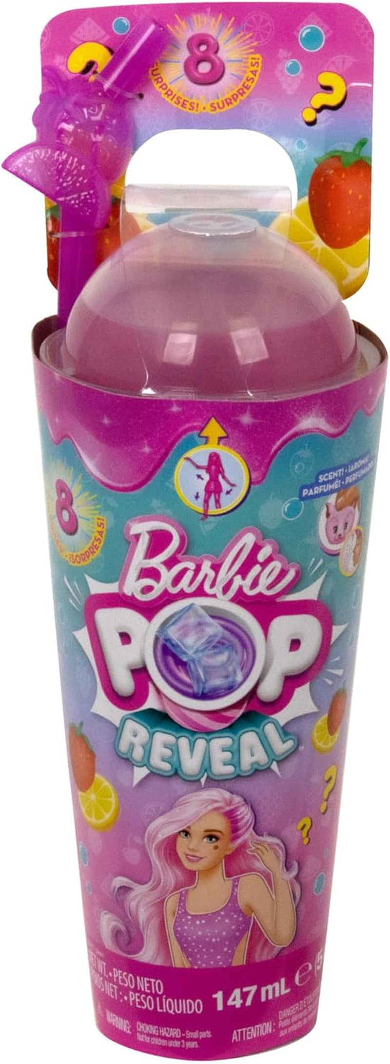 Barbie Pop Reveal Fruit: muñecas sorpresa con 8 sorpresas frutales, incluida una muñeca posicionable con aroma a limonada de fresa y un cachorro mullido, mayores de 3 años, HNW41