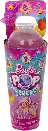 Barbie Pop Reveal Fruit: muñecas sorpresa con 8 sorpresas frutales, incluida una muñeca posicionable con aroma a limonada de fresa y un cachorro mullido, mayores de 3 años, HNW41