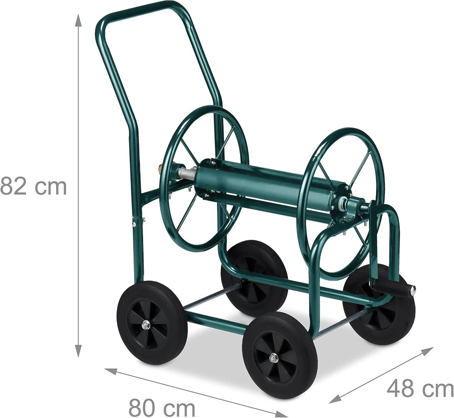 Relaxdays Carro portamangueras hasta 60 m, 4 neumáticos de goma maciza, acoplamiento de clic, carrete de manguera metálico, dispensador de manguera, verde