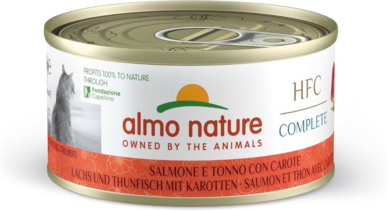 Almo Nature HFC Complete, Nassfutter für Erwachsene Katzen - Salmón y atún con zanahorias - Envase con 1,68 kg (24 x 70 g)