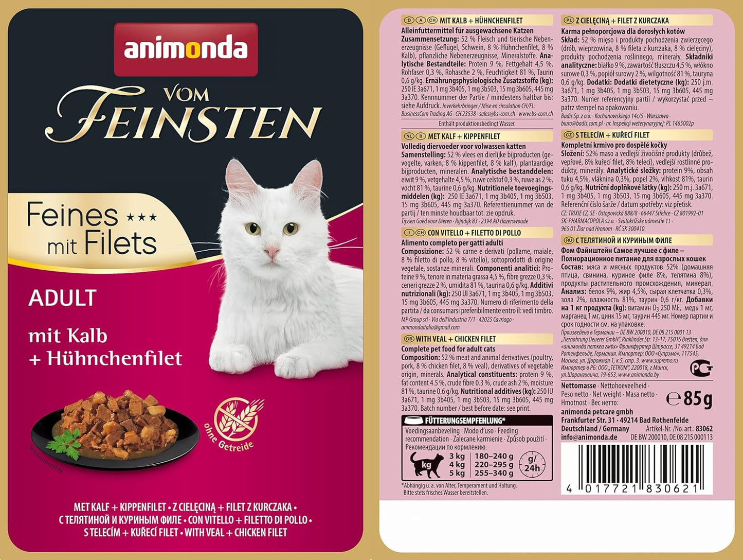animonda vom Feinsten mit Fillets, Katzenfutter nass mit Kalb + Hühnchenfilet, 18 Portionsbeutel (18 x 85g), getreidefreies Katzen Nassfutter ohne Zucker, mit fleischigen Ingredient