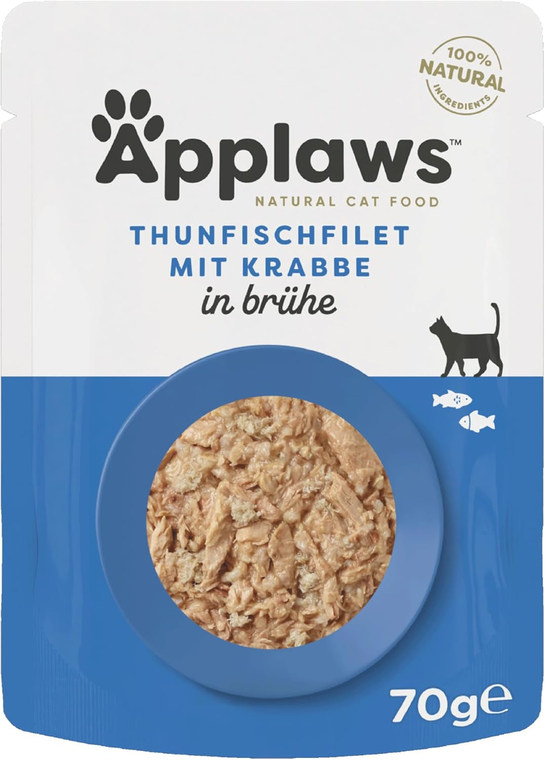 Applaws Nassfutter 100% natural para Katzen, Thunfischfilet mit Krabben in Brühe - Paquete con 12 bolsas de 70 g