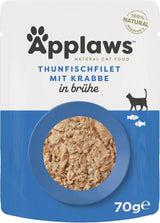 Applaws Nassfutter 100% natural para Katzen, Thunfischfilet mit Krabben in Brühe - Paquete con 12 bolsas de 70 g