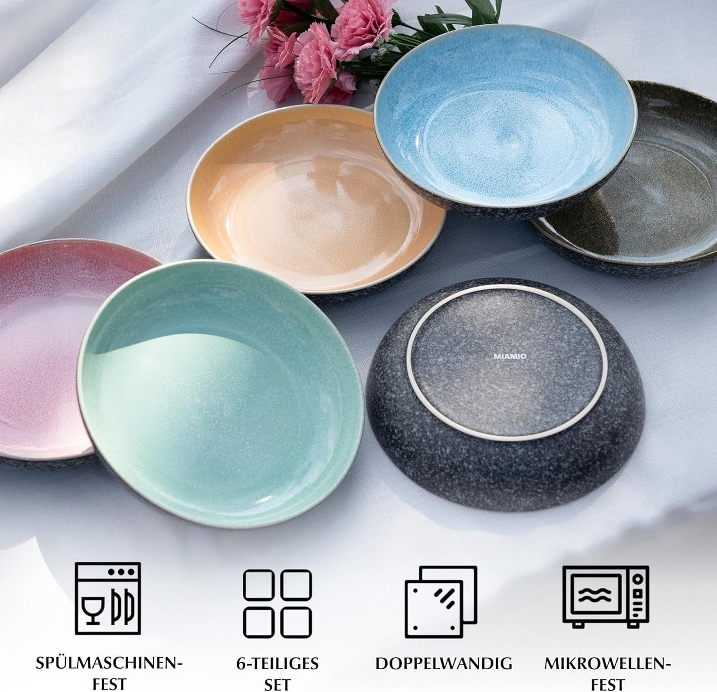 MIAMIO - Platos Llanos, Juego de 6 (850ml) / Platos de Pasta Grandes y Hondos, Juego de Platos para 6, Ensaladera de Cerámica / Apto para Lavavajillas y Microondas - Colección Las Palmitas