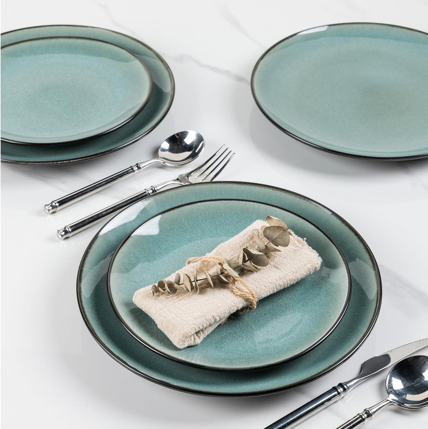 GBhome Juego de vajilla de porcelana para 4 personas, 12 piezas, esmaltado reactivo, hecho a mano, apto para microondas y lavavajillas, juego de platos y cuencos, color petróleo GDW025WB-EU