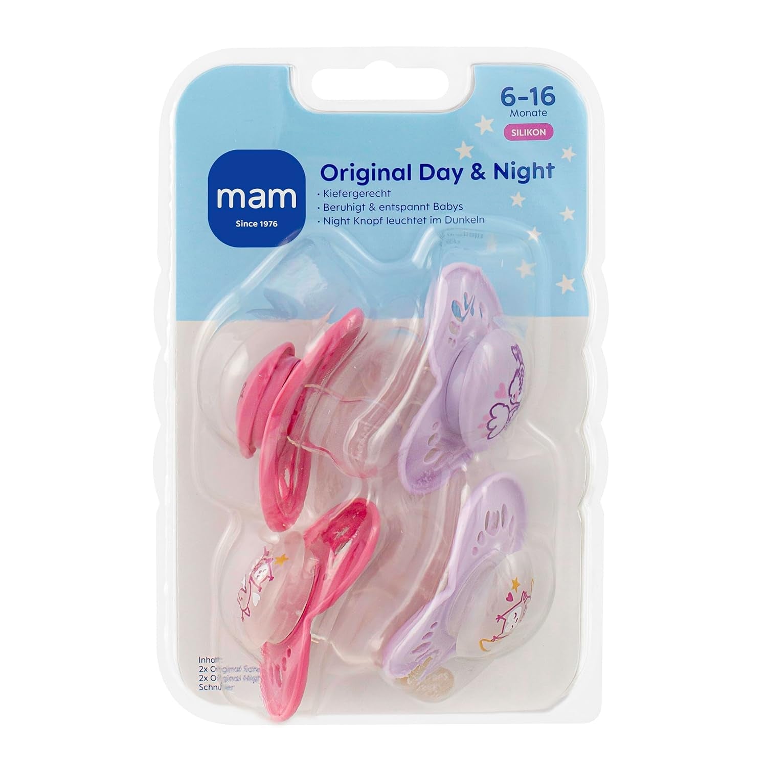 Chupetes MAM Original Día y Noche Mate | 6-16 meses | Conjunto de chupete | Aceptación 94% | Ayuda a prevenir la alineación no deseada de los dientes | Desarrollado junto con dentistas Silicone SkinSoft | Patrón de pájaro/búho | Paquete de 4
