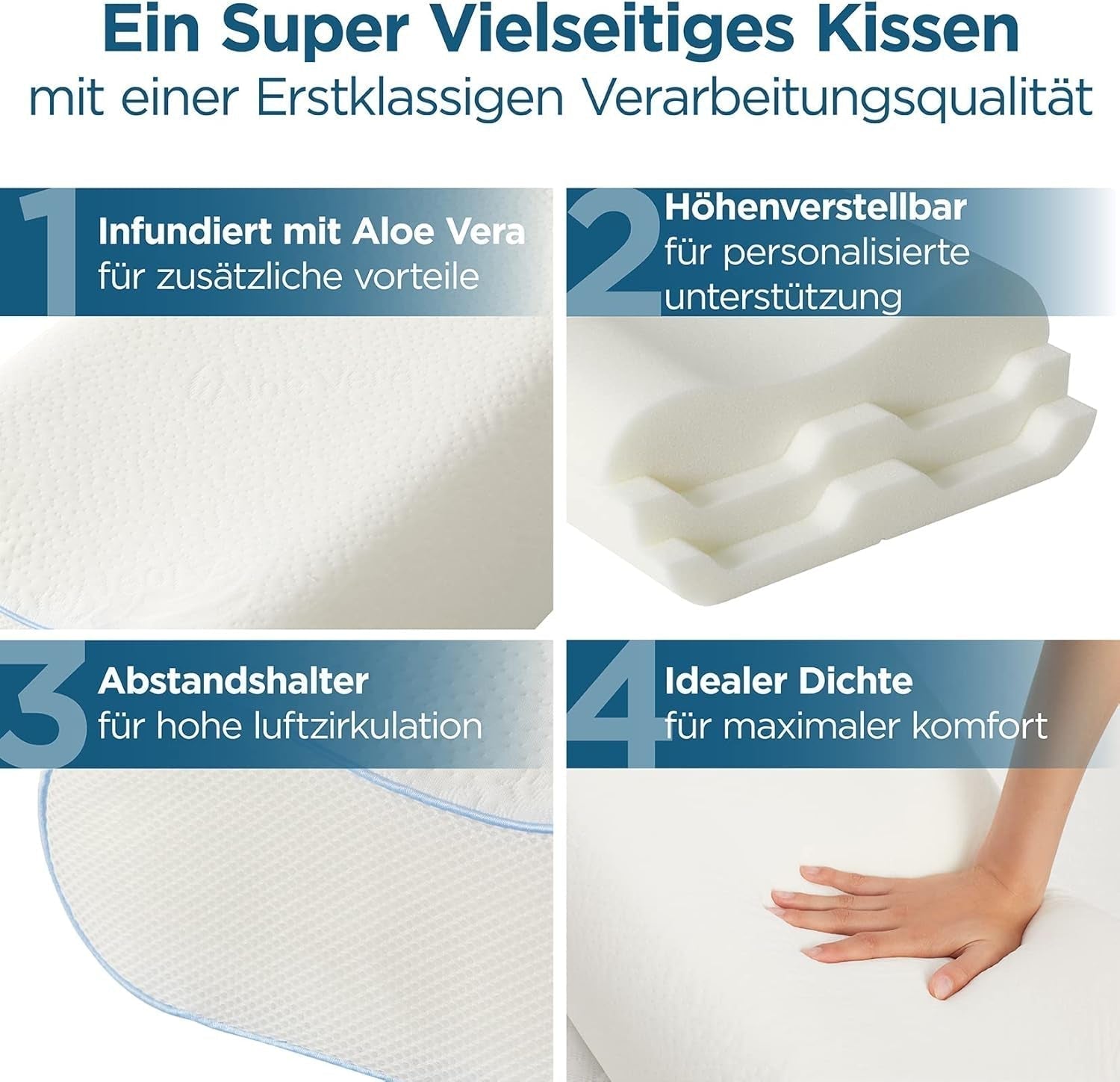 ORTHOVERSE almohada ortopédica - almohada de apoyo para el cuello, almohada para dormir, almohada, almohada viscoelástica, almohada, almohada para el dolor de cuello - ajustable en altura, funda de aloe vera, ayuda médica Naty Shop Almohadas ortopédicas cervicales