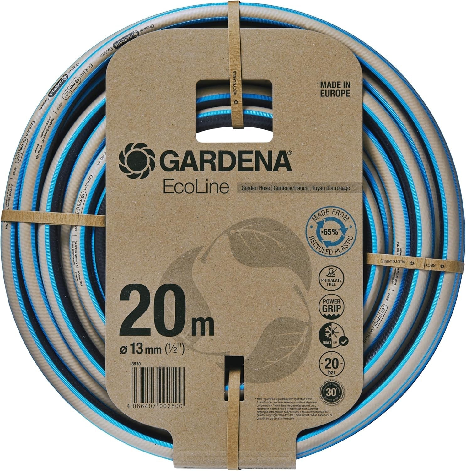 Manguera Gardena EcoLine de 1/2 pulgada, 20 m sin componentes del sistema: Manguera de jardín sostenible hecha de plástico reciclado, libre de ftalatos y contaminantes, función de agarre fuerte, resistente a las heladas y a los rayos UV (18930-20)