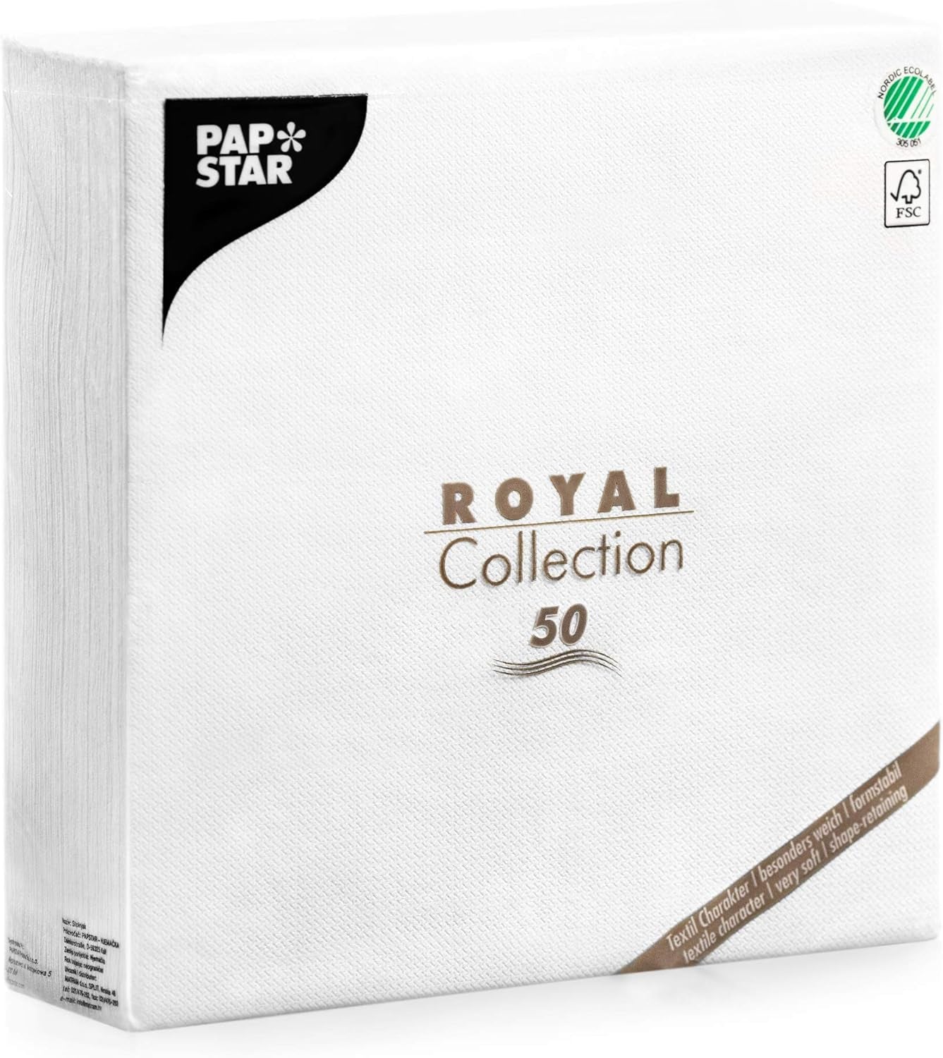 Papstar, 50 servilletas "Colección ROYAL" pliegue 1/4 48 Cm X 48 Cm Blanco, #11577