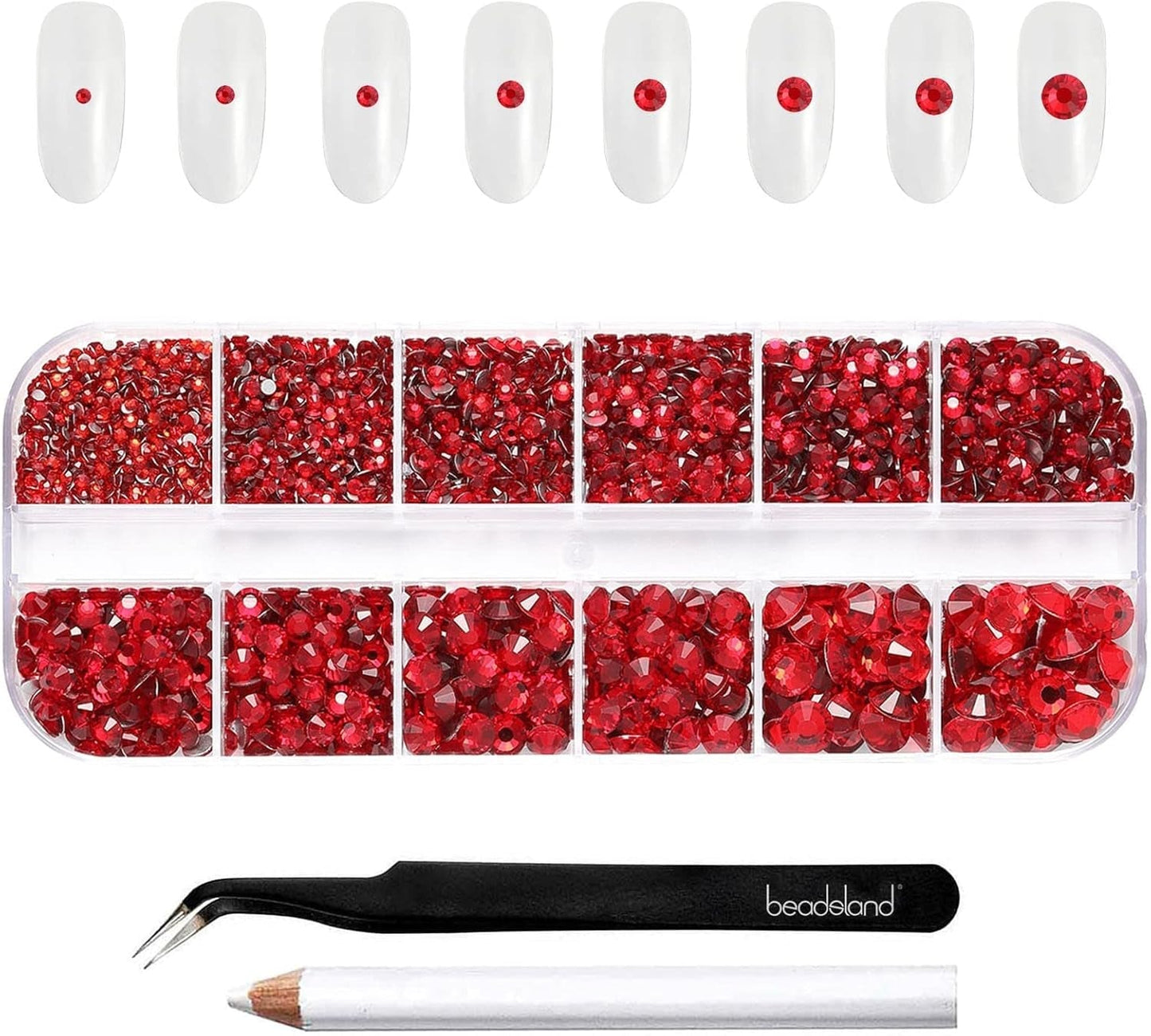 Beadsland 2500 piezas de piedras de cristal para decoración de uñas con parte trasera plana, piedras preciosas para trabajos manuales de 8 tamaños SS4 ~ SS30 con pinzas y puntas (Kristall Weiss)
