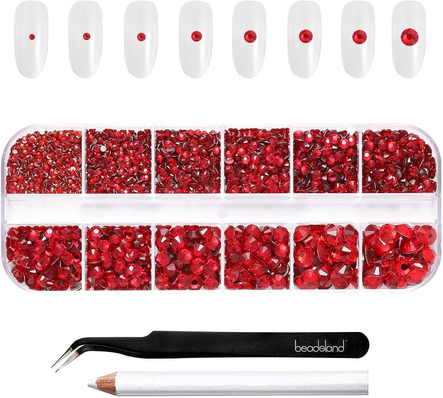 Beadsland 2500 piezas de piedras de cristal para decoración de uñas con parte trasera plana, piedras preciosas para trabajos manuales de 8 tamaños SS4 ~ SS30 con pinzas y puntas (Kristall Weiss)