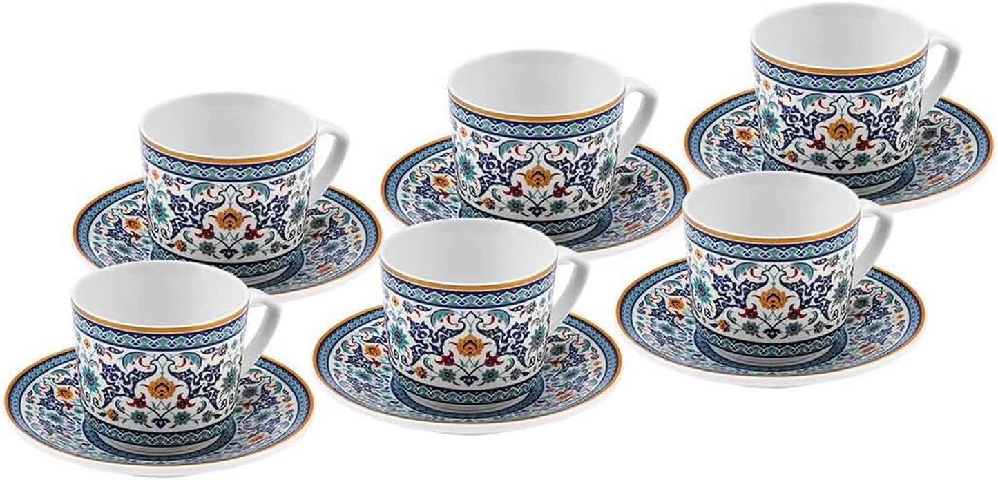 KARACA Beylerbeyi - Juego de tazas de café turco de 12 piezas, juego de 6 tazas de café expreso de porcelana con platillos, juego de tazas de café expreso de 80 ml, diseño tradicional - Azul