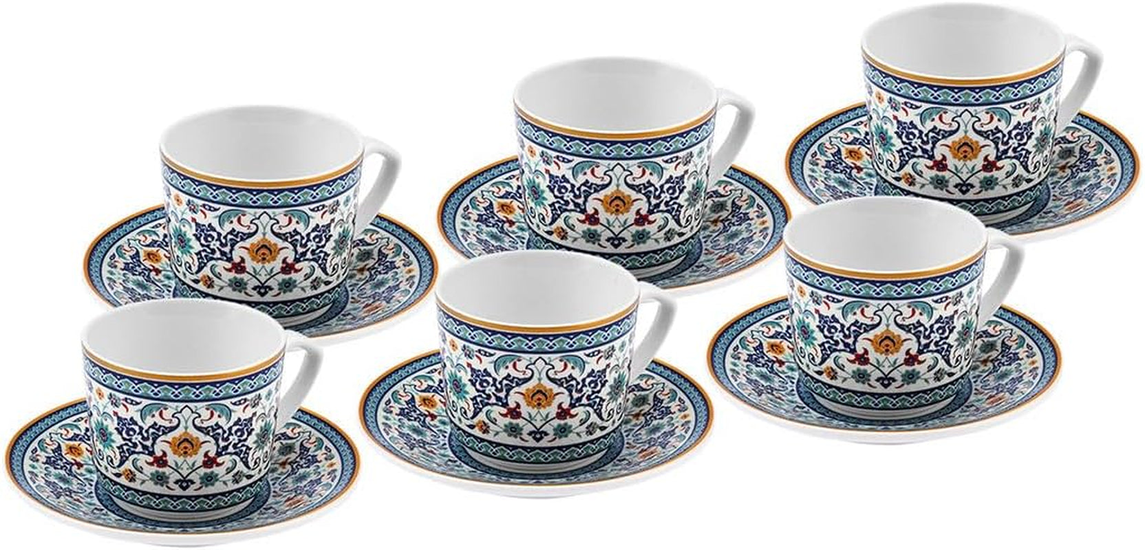 KARACA Beylerbeyi - Juego de tazas de café turco de 12 piezas, juego de 6 tazas de café expreso de porcelana con platillos, juego de tazas de café expreso de 80 ml, diseño tradicional - Azul