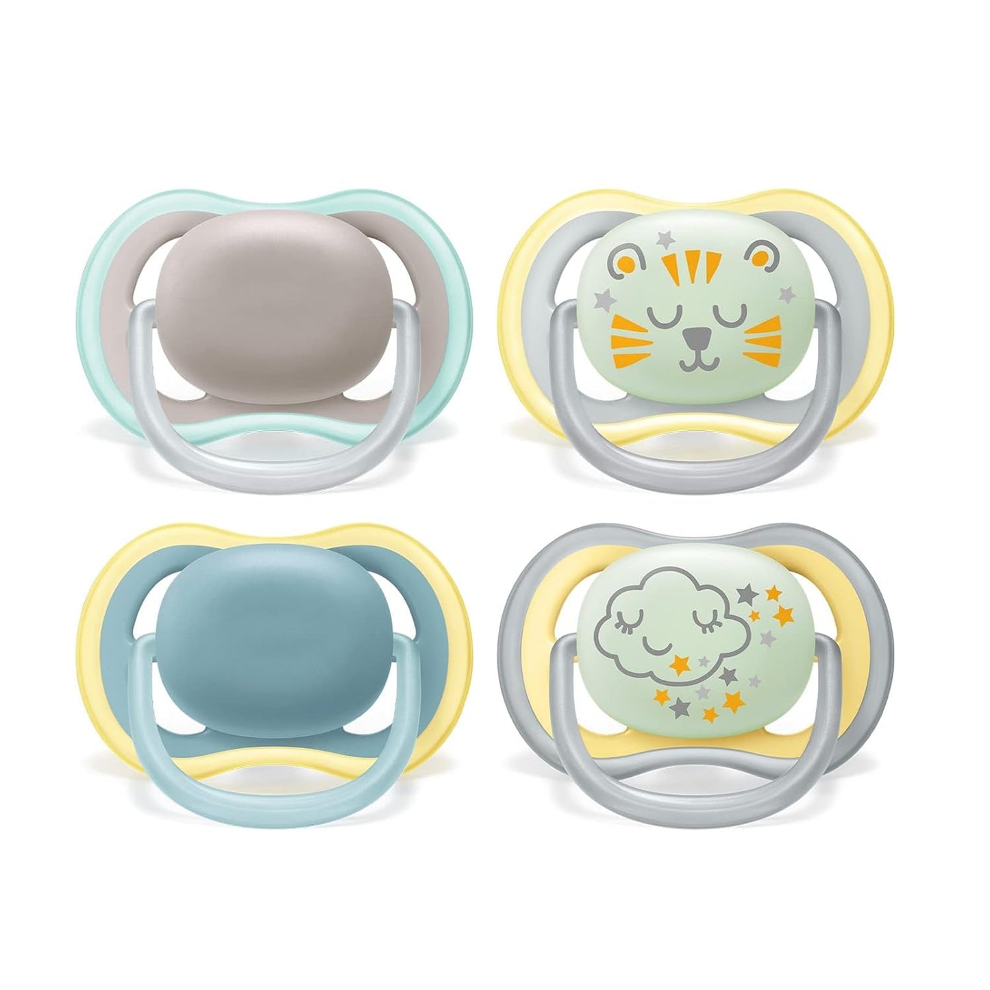 Philips AVENT Juego de 4 chupetes Ultra Air ligeros y transpirables: 2 chupetes que brillan en la oscuridad y 2 chupetes de día, a partir de 18 meses (Modelo SCF349/43)