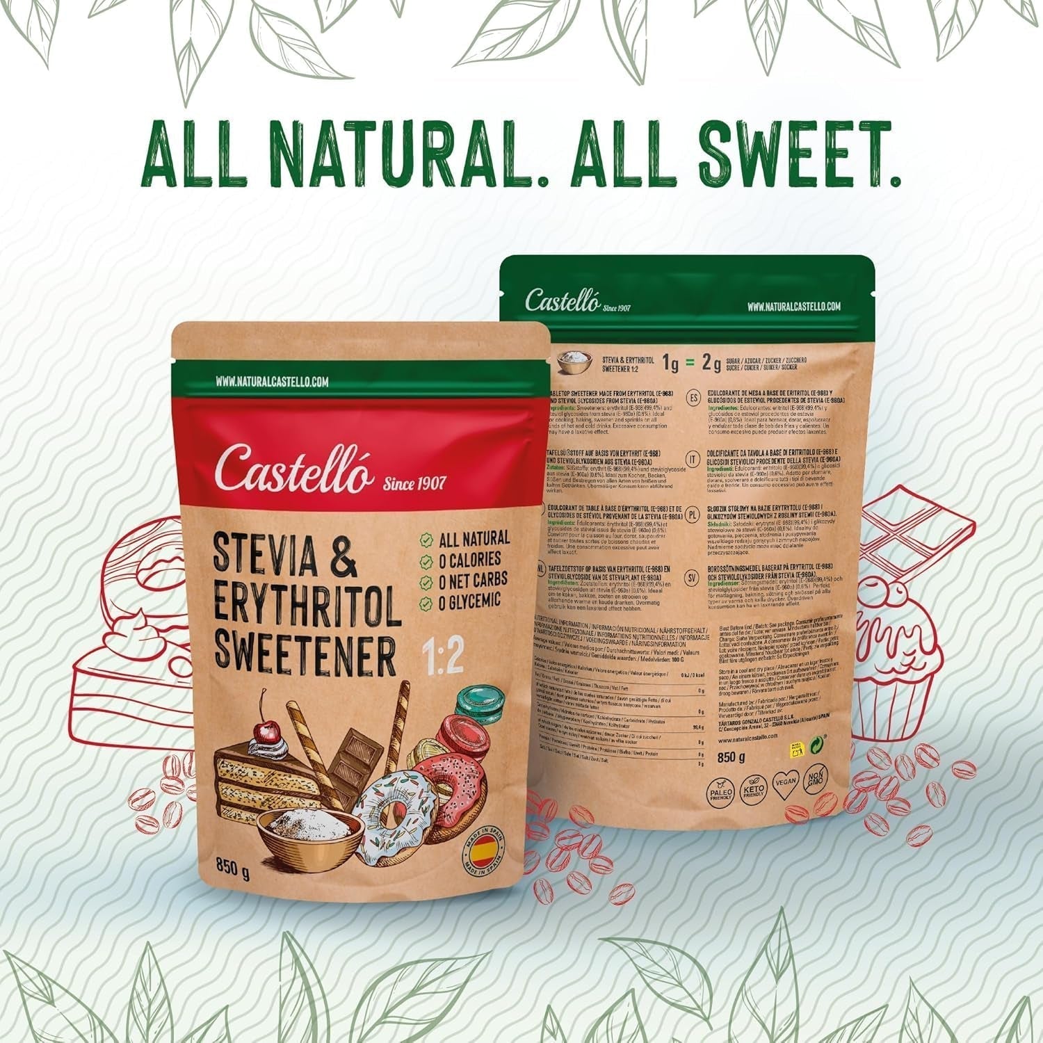 Stevia + Eritritol 1:2 Süßstoff | 1G = 2G Zucker | 100% Natürlicher Zuckerersatz - 0 Kalorien - 0 Glykämischer Index - Keto Und Paleo - 0 Netto-Kohlenhidrato - Kein GVO - Castello since 1907 - 850 G Edulcorantes Naty Shop