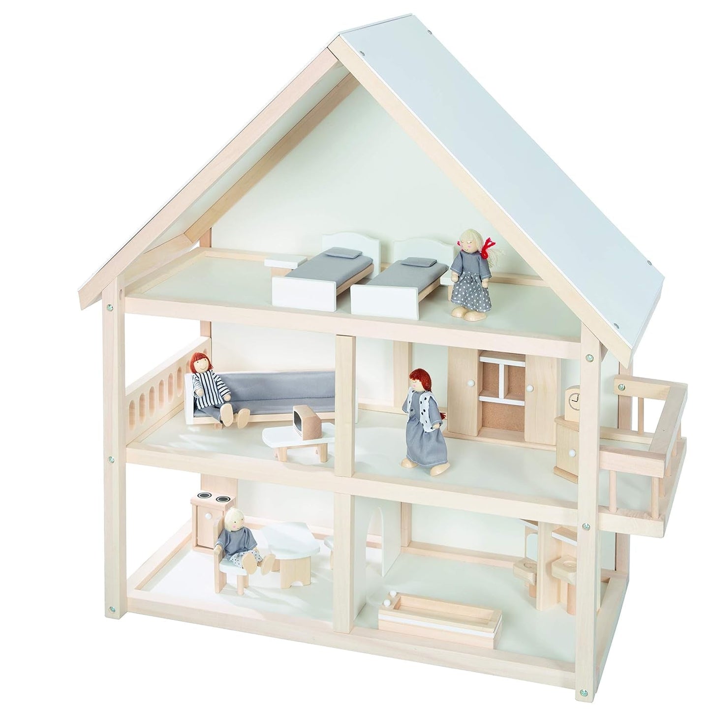 Casa de Muñecas Roba, Casa de Muñecas con Muebles y Muñecas, Juguete para Niña, Madera Natural Naty Shop Casas de Muñecas Madera Natural