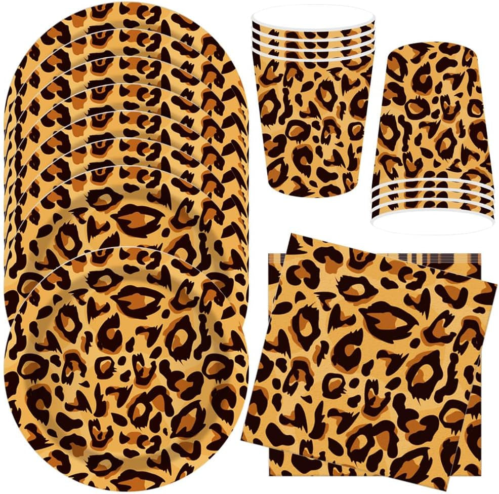 Patrón de leopardo Party Geschirr Kindergeburtstag Deko Geburtstag Party Geschirr Dschungel Pappteller Becher Servietten Babyparty Tischdeko Set