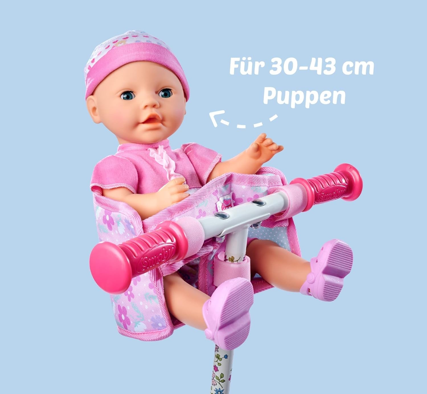 Simba 105560018 - Asiento de bicicleta para recién nacido con cinturón, accesorio para muñecos, asiento de tela, cinturón de seguridad, manillar con velcro, para muñecos de 30-43 cm, a partir de 3 años