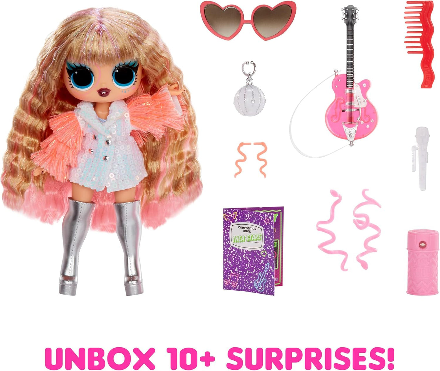 Jajaja ¡Sorpresa! Tweens Neon Pop Stars - Thea Stars - 1 muñeca de moda con sorpresas retroiluminadas y más de 10 prendas y accesorios de Pop Star, incluida su guitarra rosa fuerte, regalo para niños de 4 años en adelante