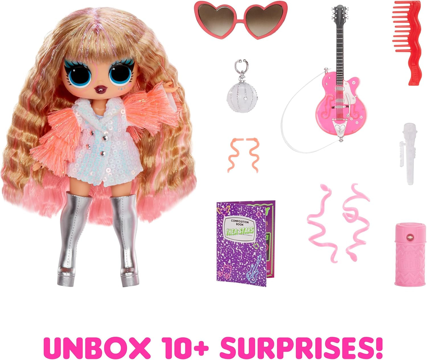 Jajaja ¡Sorpresa! Tweens Neon Pop Stars - Thea Stars - 1 muñeca de moda con sorpresas retroiluminadas y más de 10 prendas y accesorios de Pop Star, incluida su guitarra rosa fuerte, regalo para niños de 4 años en adelante