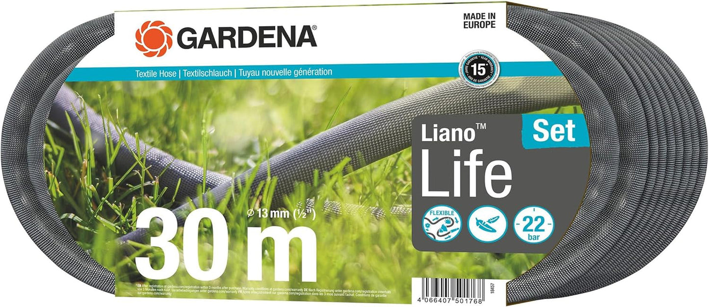Manguera textil Gardena Liano Life de 1/2 pulgada, juego de 30 m: Manguera de jardín textil extremadamente flexible con manguera interior de PVC, sin dobleces, ligera, resistente a la intemperie (18457-20)