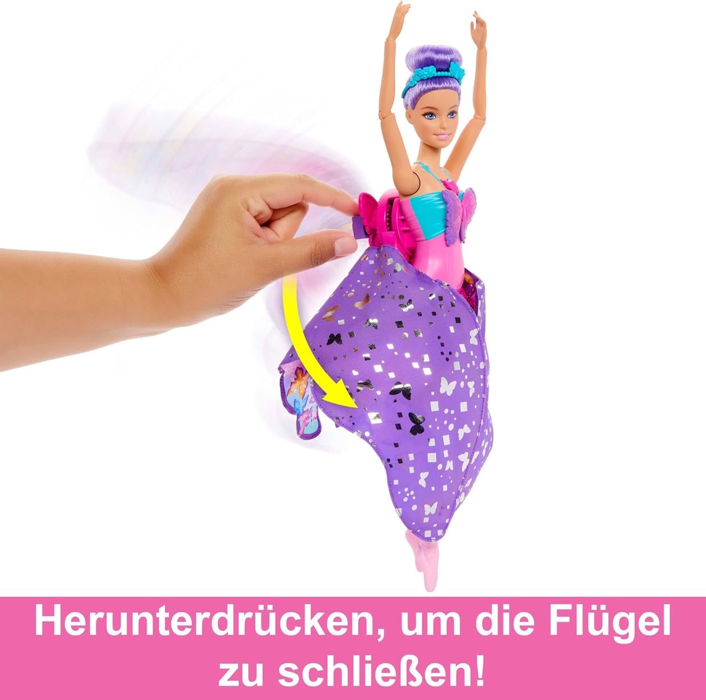 Barbie Bailarina y Mariposa 2 en 1 que transforma a bailarina en mariposa con alas que se abren, cabello morado, accesorios para el cabello y tutú desmontable, HXJ10