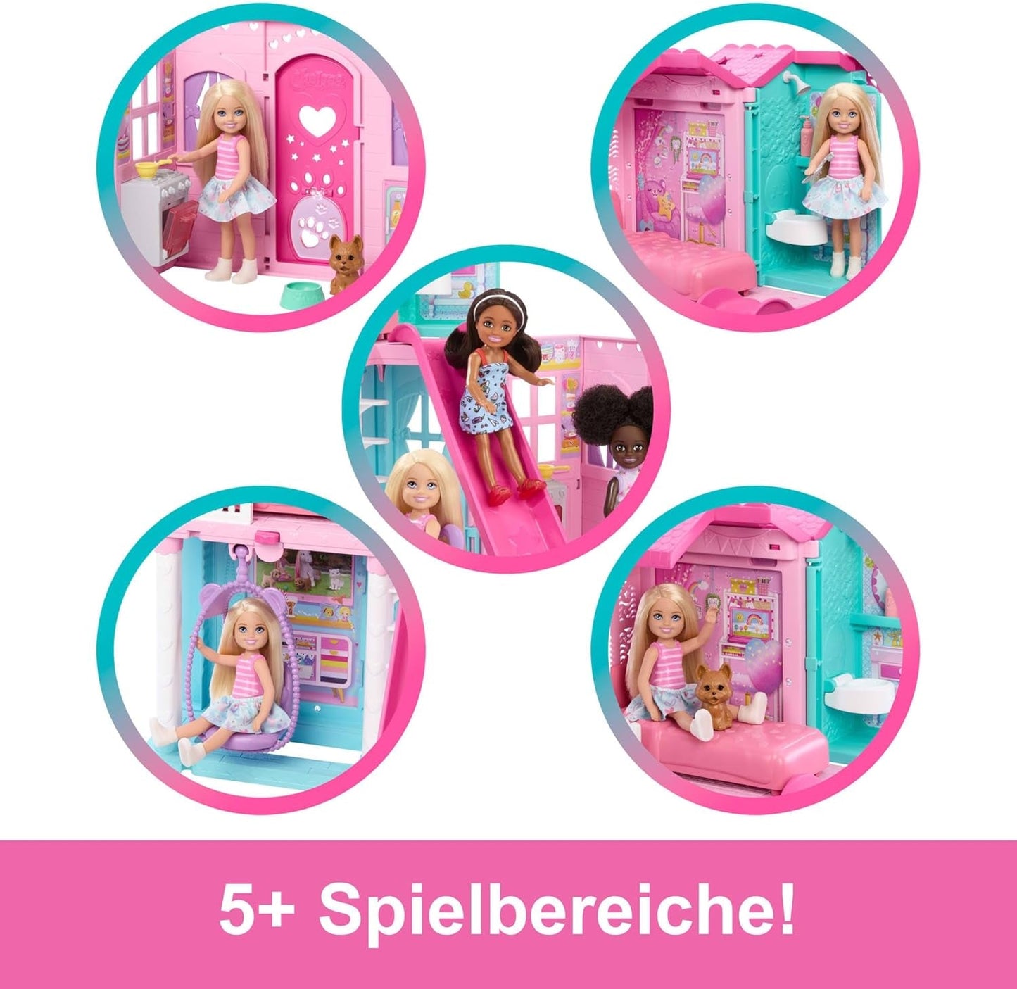 Casa de muñecas Barbie Chelsea con más de 15 accesorios, casa emergente que se expande a más de 42 x 33 cm con 5 áreas de juego y un tobogán, con una muñeca pequeña y un perro, JFW49