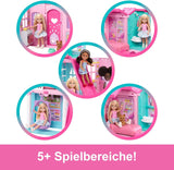 Casa de muñecas Barbie Chelsea con más de 15 accesorios, casa emergente que se expande a más de 42 x 33 cm con 5 áreas de juego y un tobogán, con una muñeca pequeña y un perro, JFW49