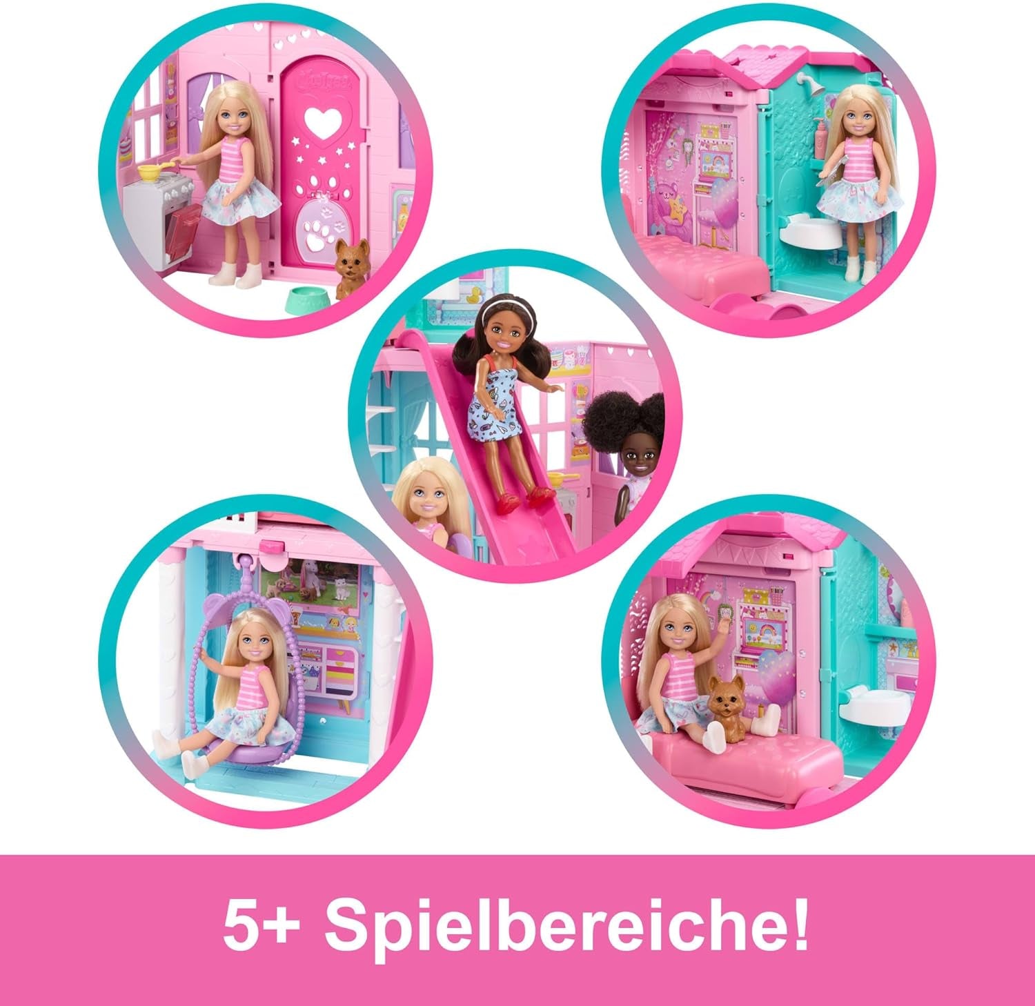 Casa de muñecas Barbie Chelsea con más de 15 accesorios, casa emergente que se expande a más de 42 x 33 cm con 5 áreas de juego y un tobogán, con una muñeca pequeña y un perro, JFW49