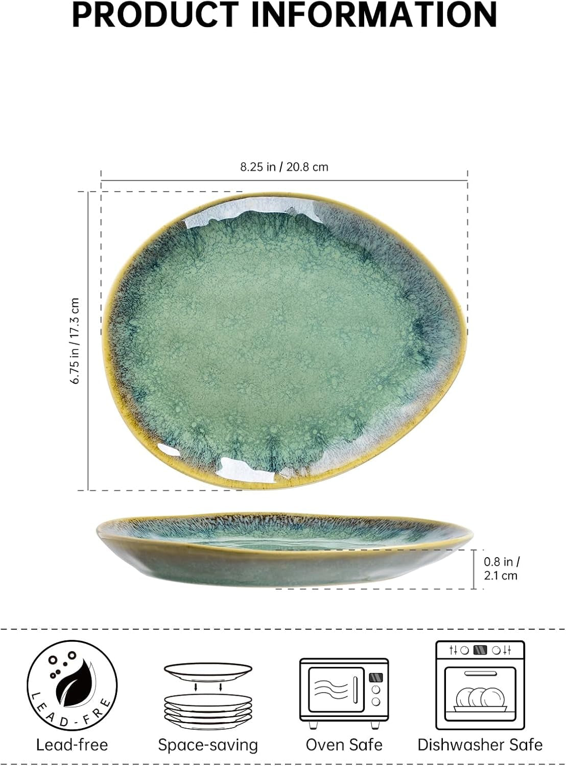 Henten Home Platos especiales de gres, cuencos para aperitivos y salsas - 20x17 cm para 4 personas, platos de desayuno de porcelana - diseño moderno en verde