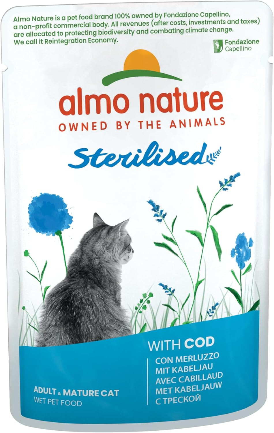 Almo Nature Functional - Esterilizado - Comida húmeda para gatos adultos y senior, esterilizados o menos activos - con bacalao y pollo - Bajo en grasas, hidratante - 70g (paquete de 6)