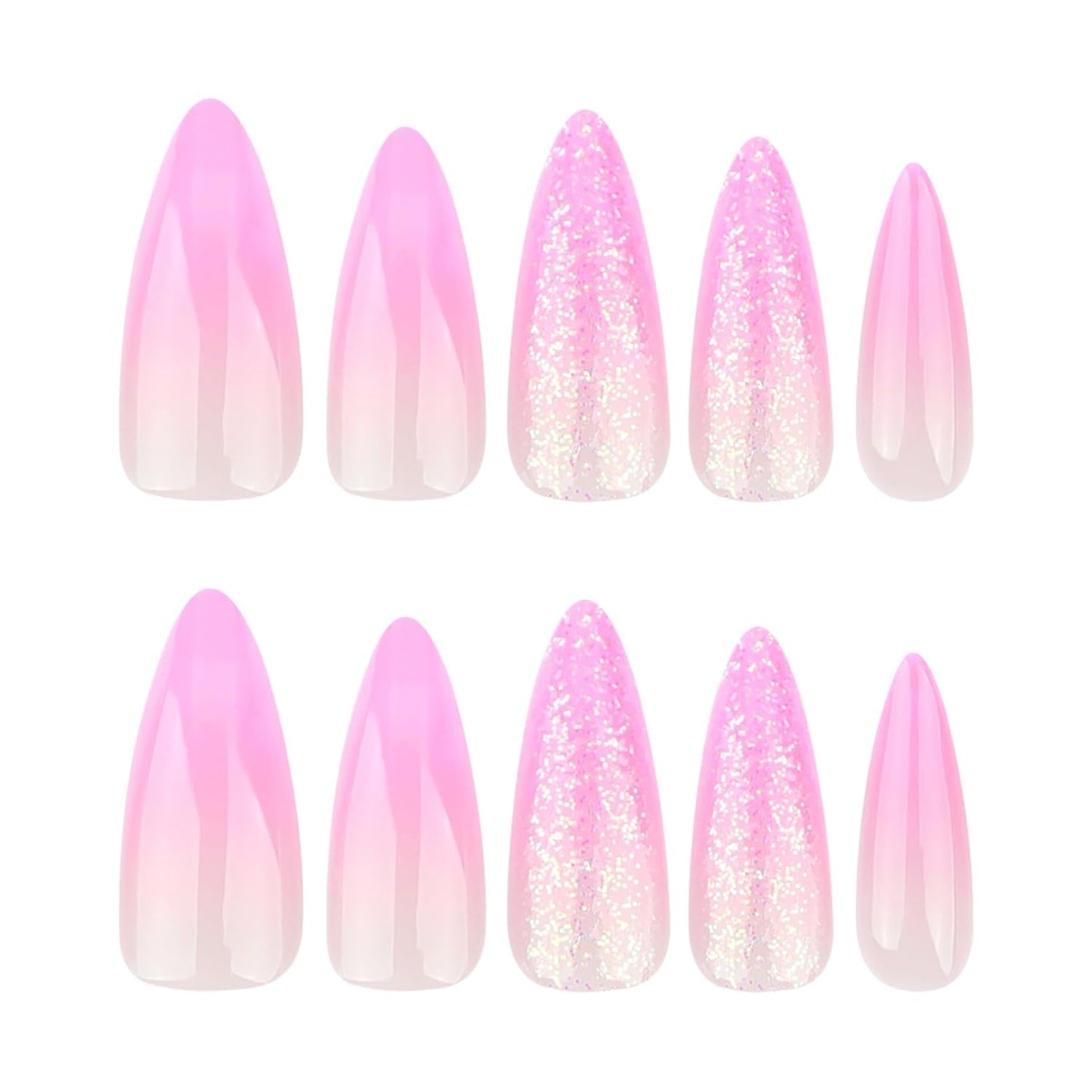 Mouyouglow-uñas largas Stiletto, color blanco lechoso, degradado, purpurina rosa, uñas postizas frescas con pegamento, uñas artificiales con purpurina rosa ombré
