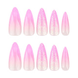Mouyouglow-uñas largas Stiletto, color blanco lechoso, degradado, purpurina rosa, uñas postizas frescas con pegamento, uñas artificiales con purpurina rosa ombré
