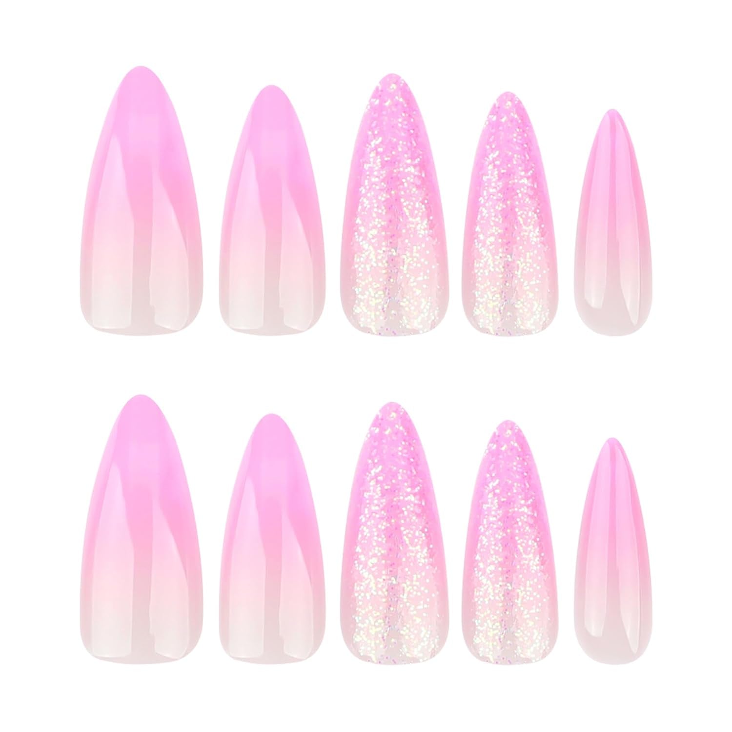 Mouyouglow-uñas largas Stiletto, color blanco lechoso, degradado, purpurina rosa, uñas postizas frescas con pegamento, uñas artificiales con purpurina rosa ombré