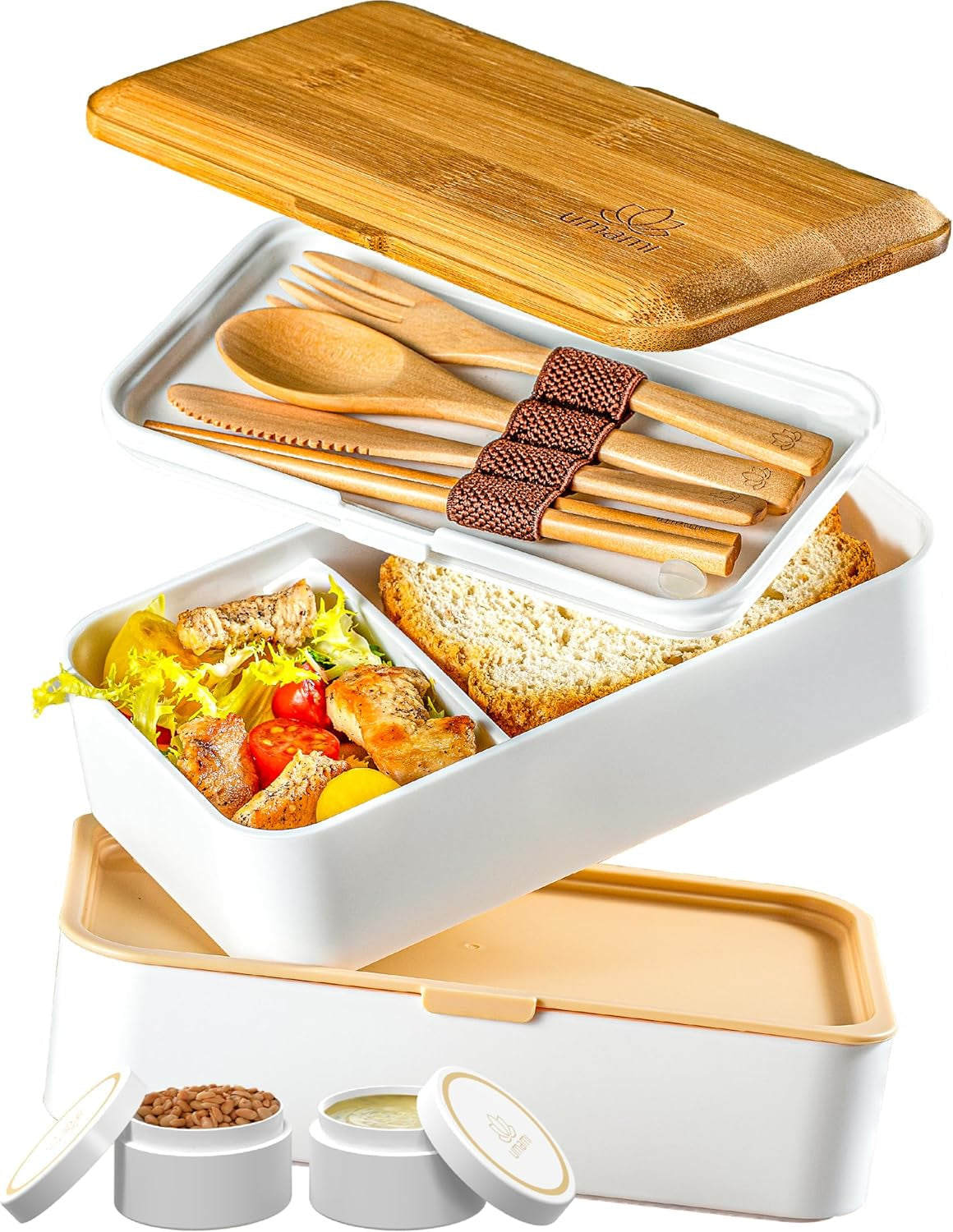 Umami Fiambrera para Adultos, Fiambrera Bento Apilable a Prueba de Fugas con 4 Cubiertos y Compartimentos, Fiambrera para Adultos, Recipiente para Ensalada para Llevar, Fiambrera para Picnic/Oficina, Gris Carbón, 1500ml