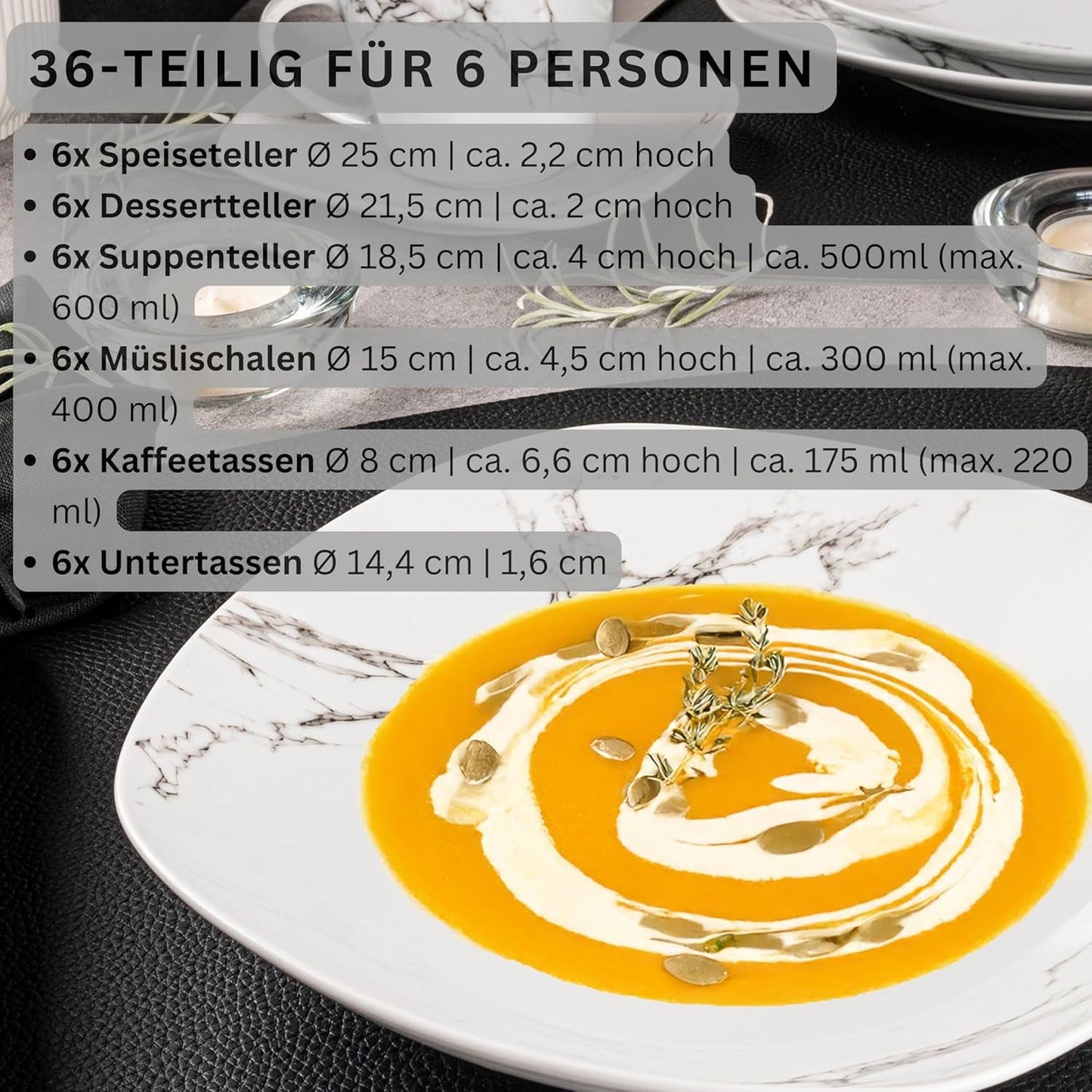 SANGER | Bilgola Juego de vajilla combinada de mármol Juego de vajilla de 36 piezas para 6 con platos llanos, platos de postre, platos de suma, tazones de cereales, platos de café y platillos de porcelana, cuadrado | LA COLECCIÓN PREMIUM