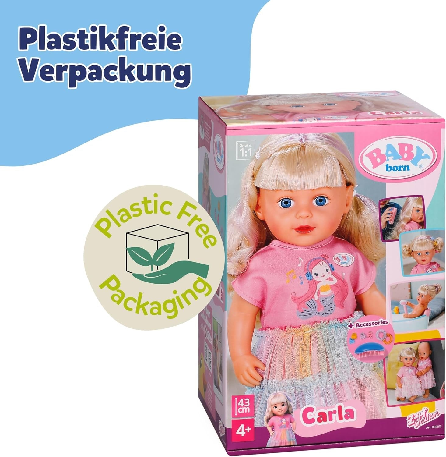 BABY born Carla - Muñeca 43 cm - Pelo rubio con mechones de gran calidad - No necesita pilas - Apta para niños a partir de 4 años - Incluye 7 accesorios, rosa