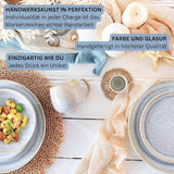 SANGER | Juego de vajilla Santorini de 12 piezas Juego de platos para 4 personas Juego de vajilla de gres con calificación MUY BUENA que incluye platos llanos, platos de postre y platos Suma Crema Lila Azul Degradado | LA COLECCIÓN PREMIUM