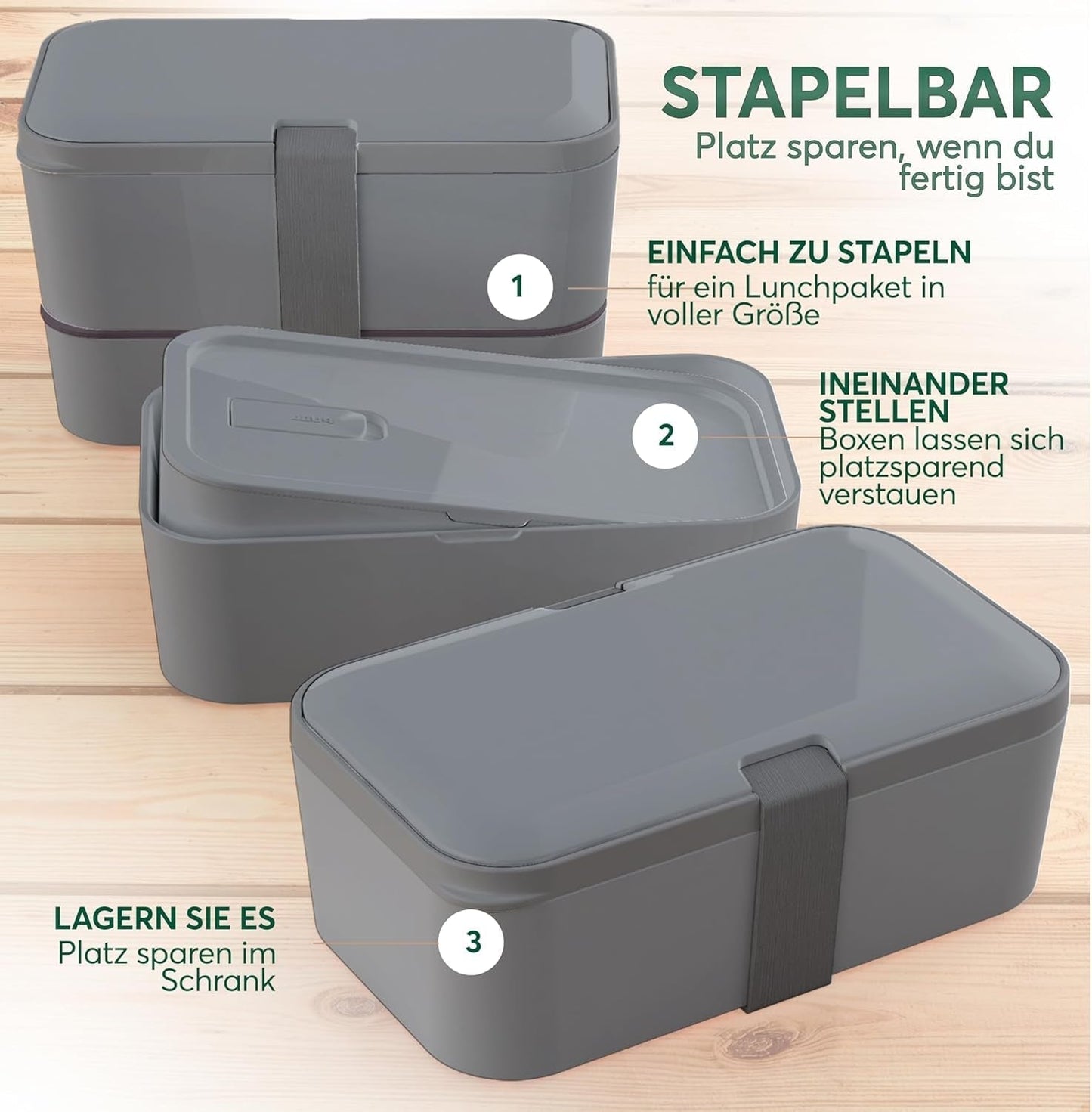 Umami Fiambrera para Adultos, Fiambrera Bento Apilable con 4 Cubiertos y Compartimentos, Fiambrera para Adultos, Contenedor de Ensalada para Llevar, Fiambrera para Picnic/Oficina, Gris Antracita, Cajas de Almacenamiento de Alimentos 1500ml Naty Shop
